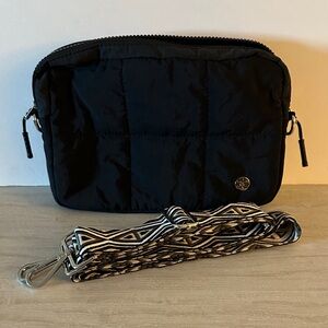 Black Quilted Crossbody Bag with Patterned Strap